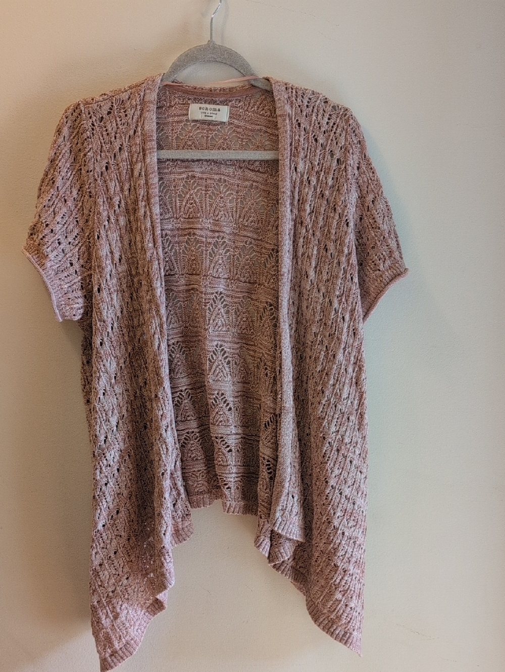 Lace Knit Open-Front Short Sleeve Cardigan - Dusty Rose